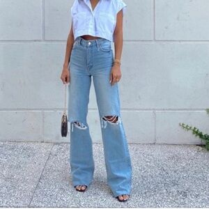 Zara Light Blue Distressed Straight Leg Jeans
